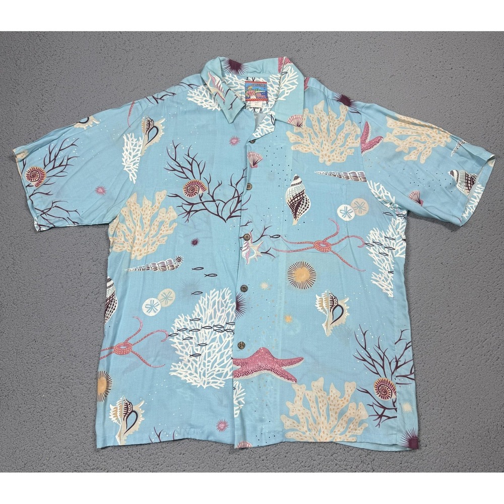 Reyn Spooner Shirt Mens XL Blue Ocean Coral Sea Life Short Sleeve Button Up